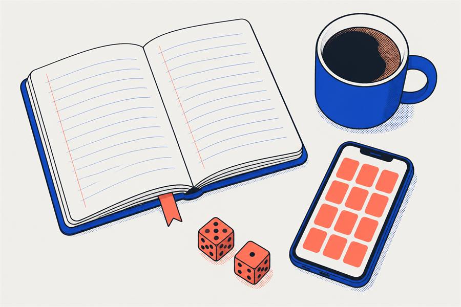 An open notebook, a coffee mug, two dice and a phone showing a grid of blank tiles arranged on a desk
