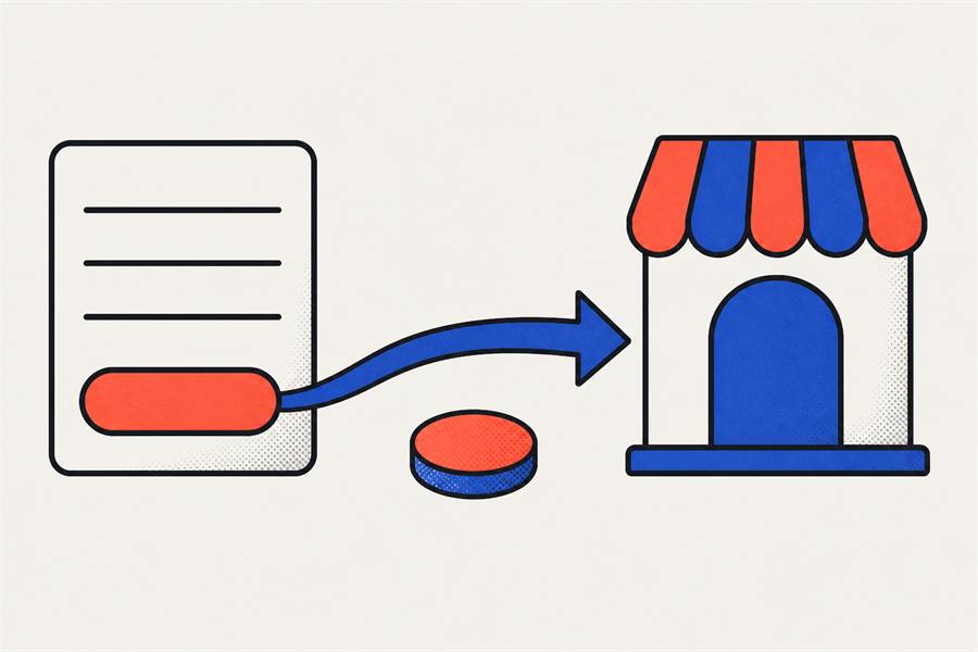 A page with a button, an arrow curving across to a shopfront, and a coin-shaped disc beneath the arrow