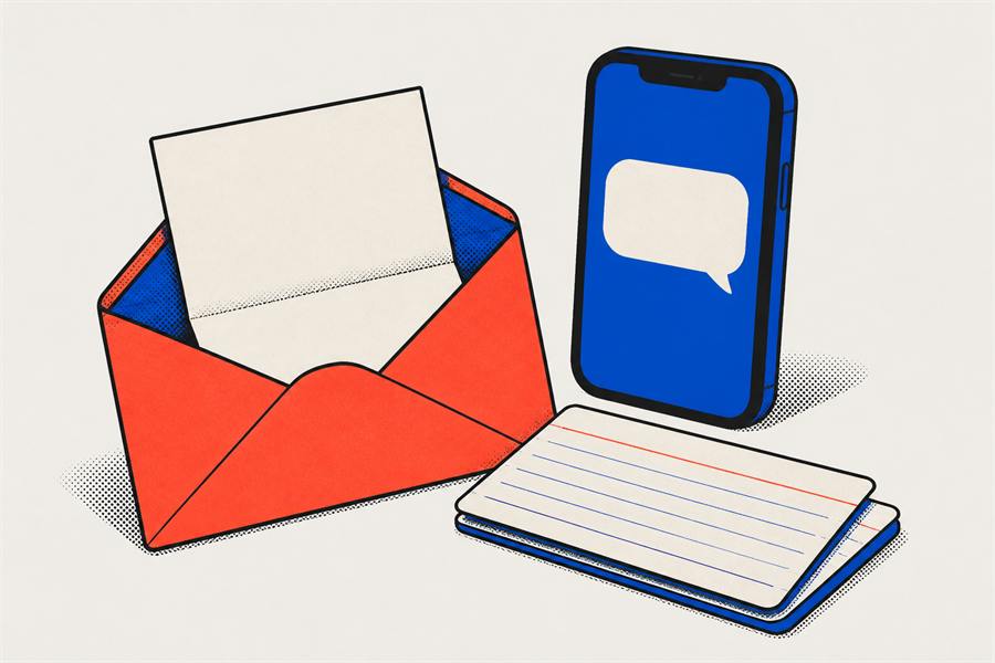 An open envelope with a blank letter, a phone showing a speech bubble and two ruled cards