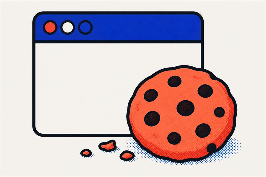 A simple browser window frame beside a large biscuit with chocolate chips and a few crumbs