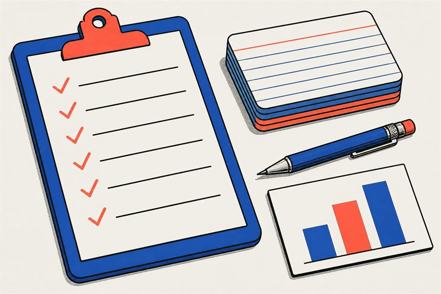 A clipboard holding a ticked checklist beside index cards, a pencil and a small bar chart