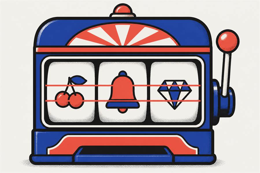 A retro three-reel slot machine showing a cherry, a bell and a diamond with paylines drawn across the window