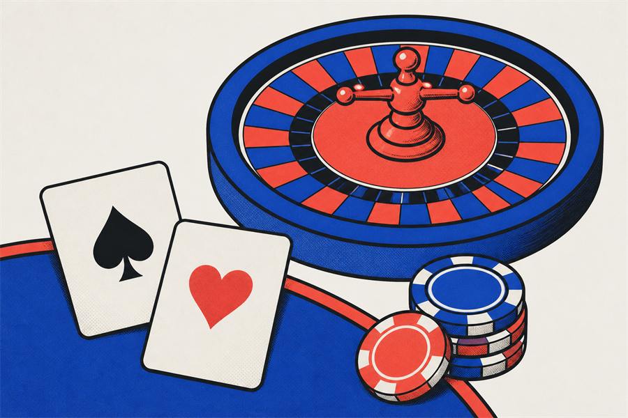A roulette wheel at an angle beside two playing cards showing a spade and a heart, with stacks of casino chips on a table edge
