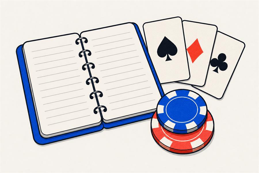 An open notebook with blank ruled pages beside three playing cards and a stack of casino chips