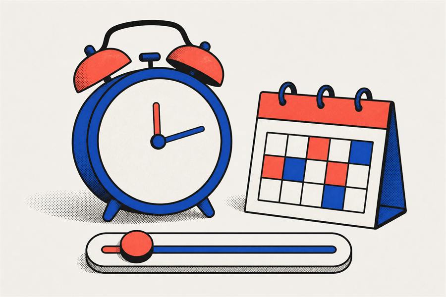 A retro alarm clock, a small calendar block and a slider control set near its lowest position
