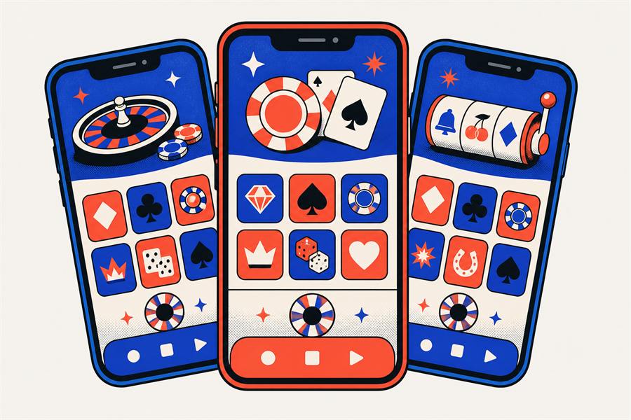 Three phones side by side showing simplified casino lobby screens with game tiles and a bottom navigation bar