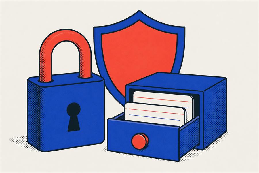 A closed padlock beside a small filing drawer holding two blank ruled cards, with a shield behind them