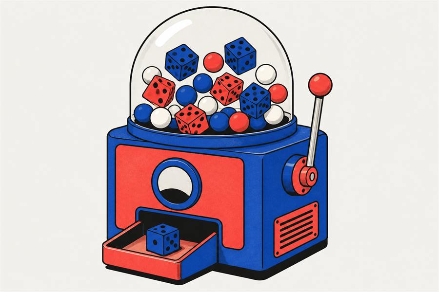 A retro machine with a glass dome full of tumbling dice and spheres, a side lever and a tray holding one die