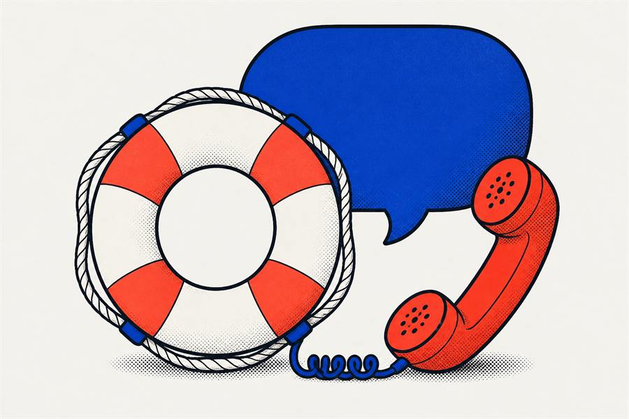 A life buoy beside a retro telephone handset and a rounded speech bubble