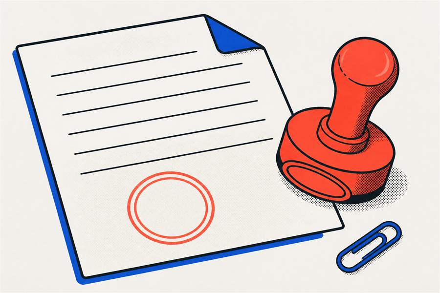 A ruled document with a folded corner and a stamped circular mark, beside a rubber stamp and a paperclip