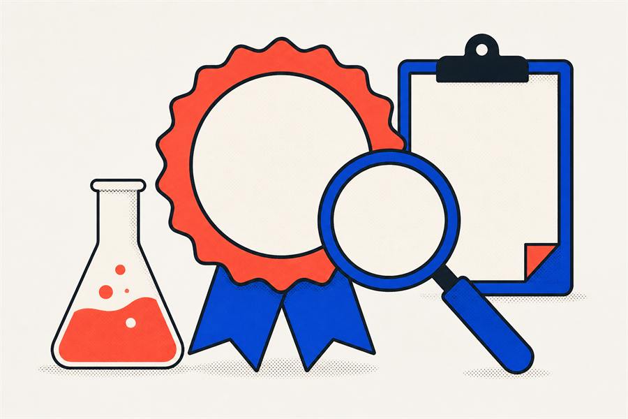 A round certification rosette with a blank centre, a magnifying glass, a laboratory flask and a clipboard